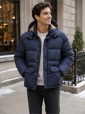 J.Crew Nordic Men's Navy Hooded Puffer Jacket - Insulated Winter Coat. Large